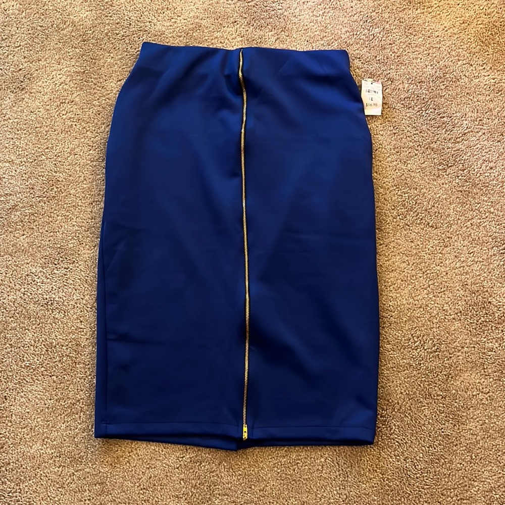 Blue pencil skirt with front gold zipper